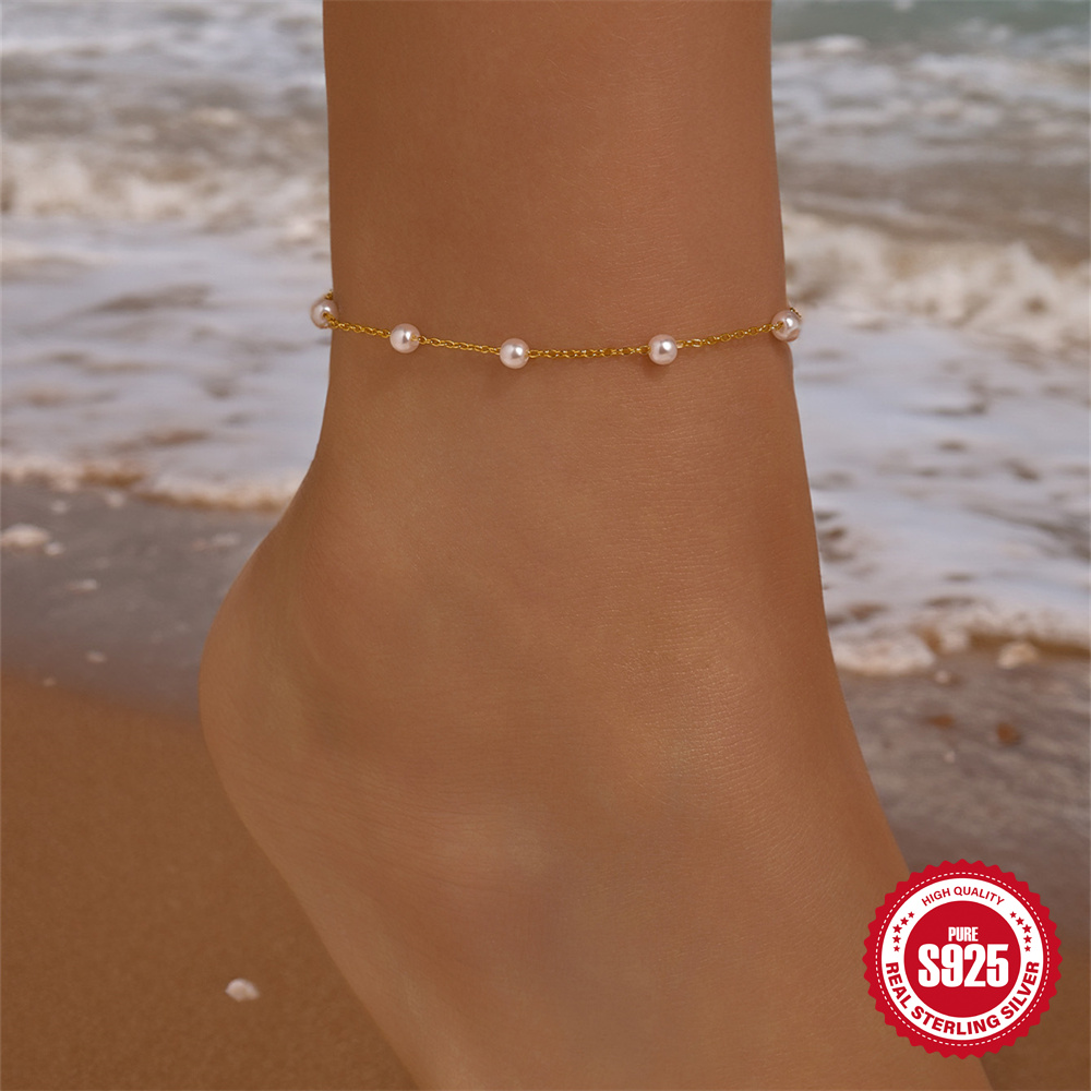 Anklet Foot Chain - AIDE 925 Sterling Silver Pearl Ankle