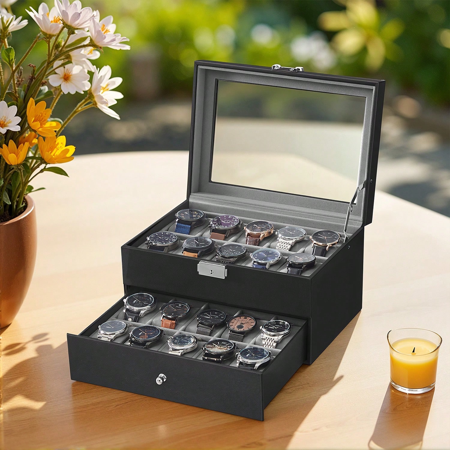 Jewelry Watches Men - 20-Slot Watch Box with Glass Lid