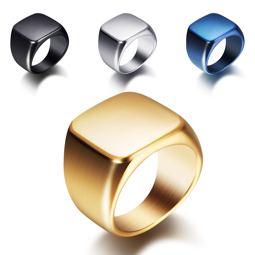 Mens Signet Ring - Free Engrave New Silver/Gold/Black/Blue Square Big