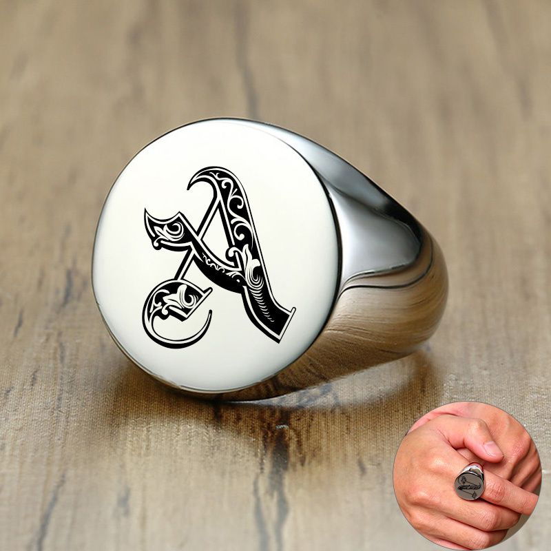 Mens Signet Ring - Vnox Stylish Pattern Font Initial Stamp