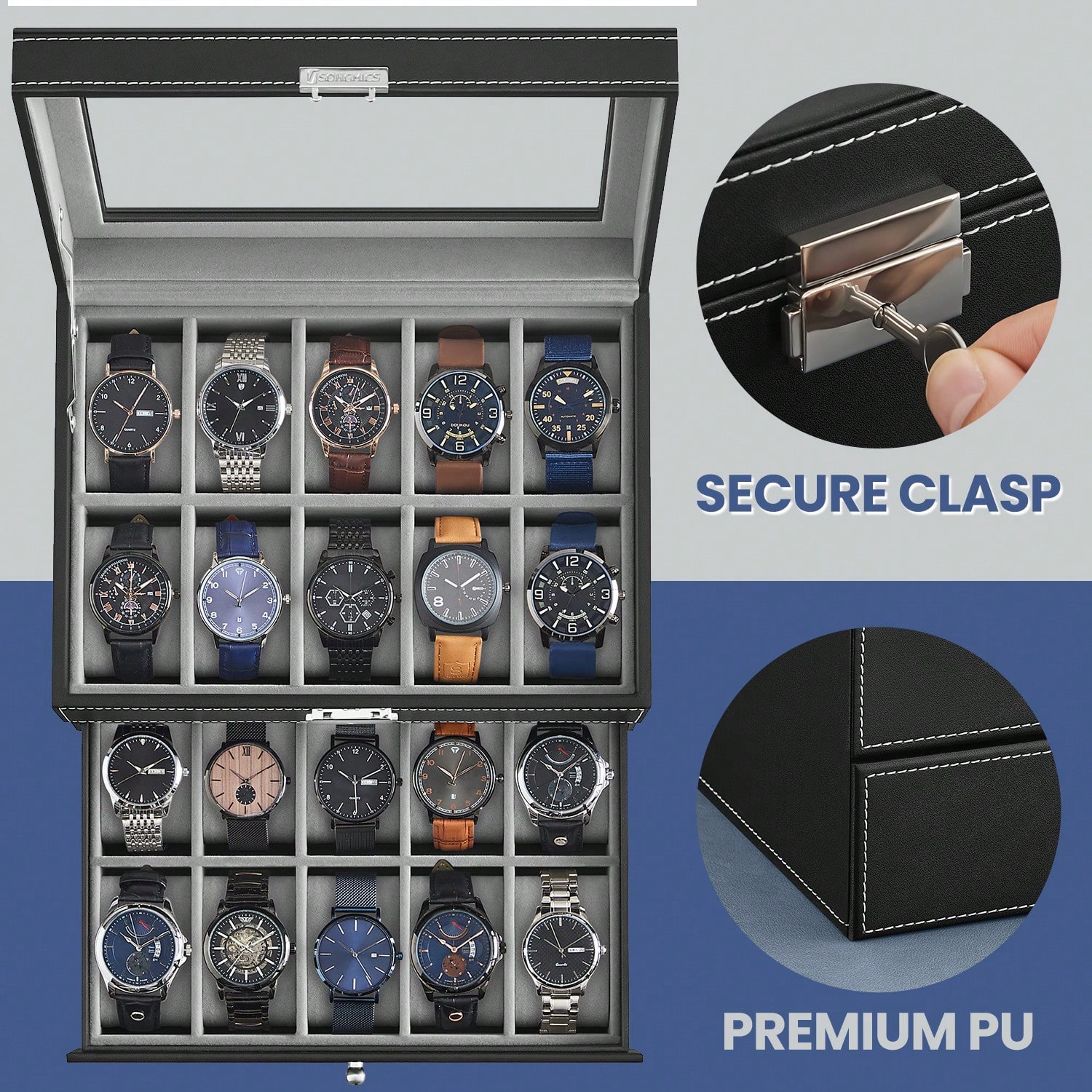 20-Slot Watch Box with Glass L - Jewelry Watches Men 评论和价格