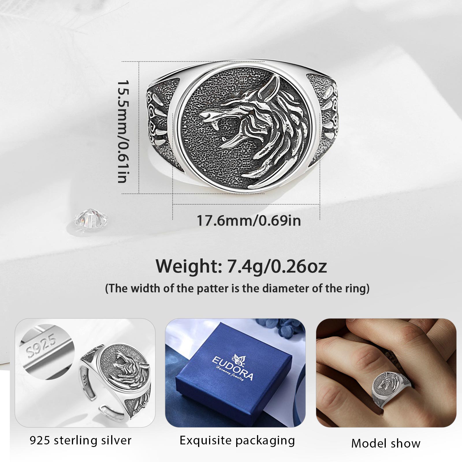 Eudora 925 Sterling Silver Vik - Mens Signet Ring 评论和价格