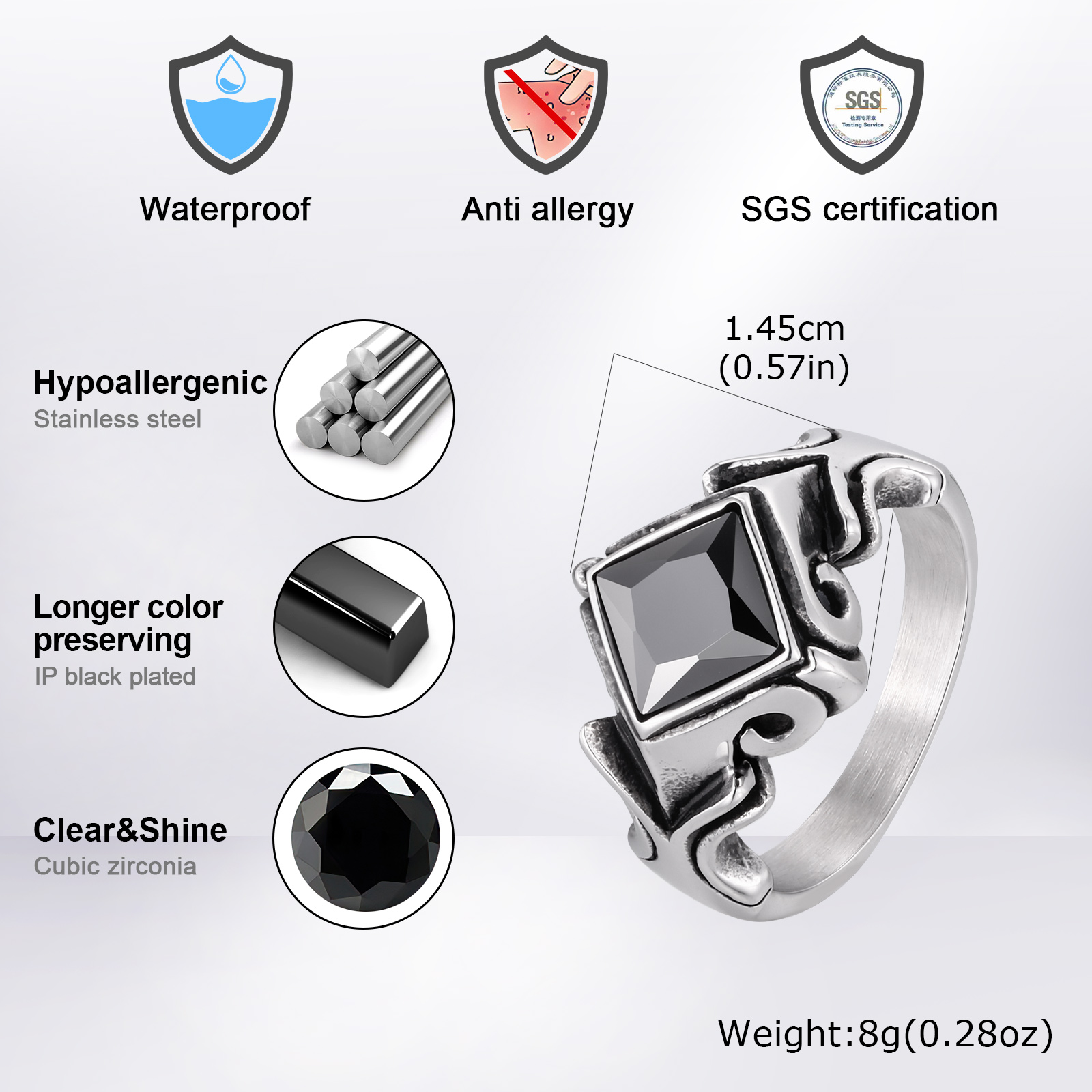 Vintage Black Zircon Ring for  - Mens Signet Ring 评论和价格