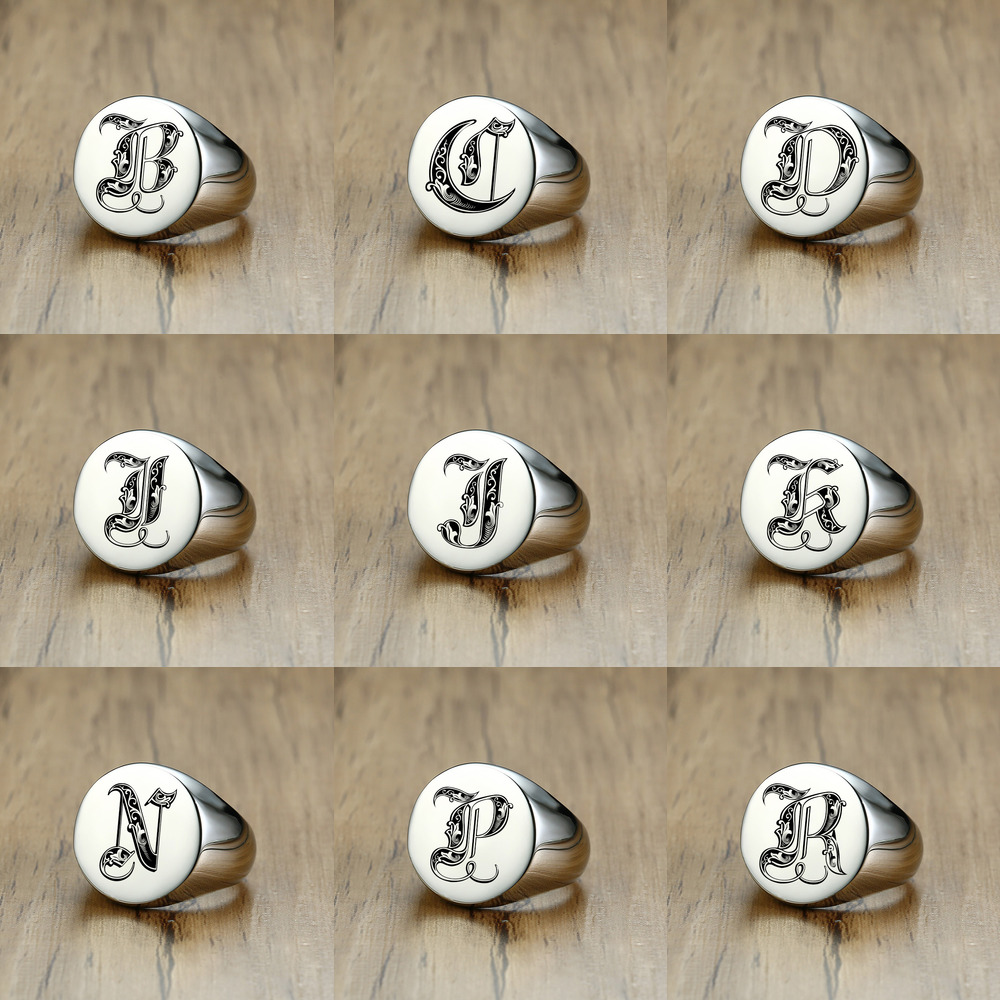 Vnox Stylish Pattern Font Init - Mens Signet Ring 评论和价格